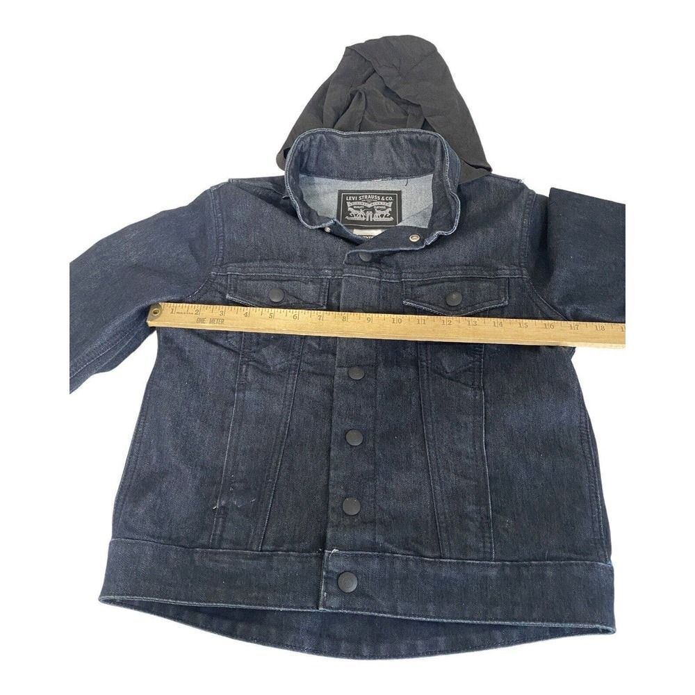 Levis Trucker Jacket with Hide -a- Way Hoodie Size L Dark Blue Logo Snaps Women - Picture 5 of 12